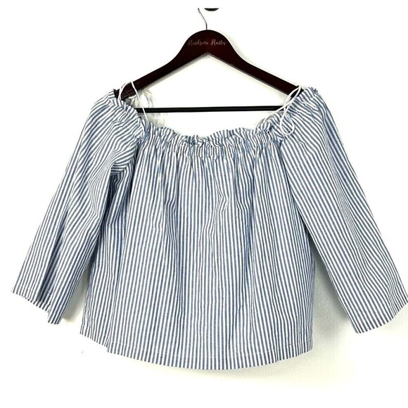 Club Monaco Women M Blue White Off The Shoulder Tassel Crop Top Cotton Speckled - Picture 5 of 11